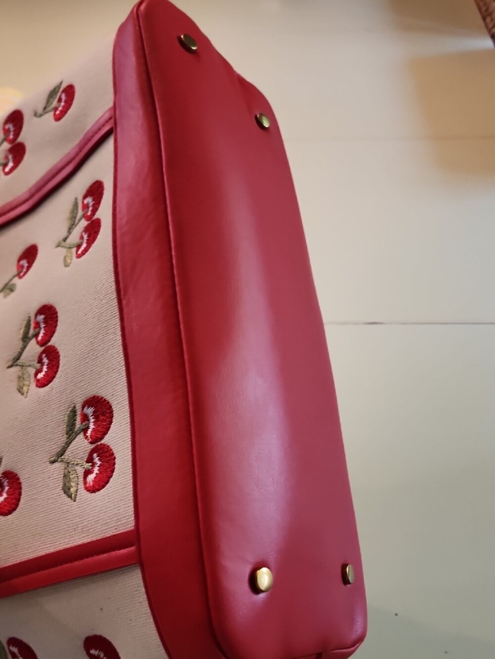 Steve Madden Red & Cream Cherry Canvas Tote with Gingham Bow - Picture 4 of 7